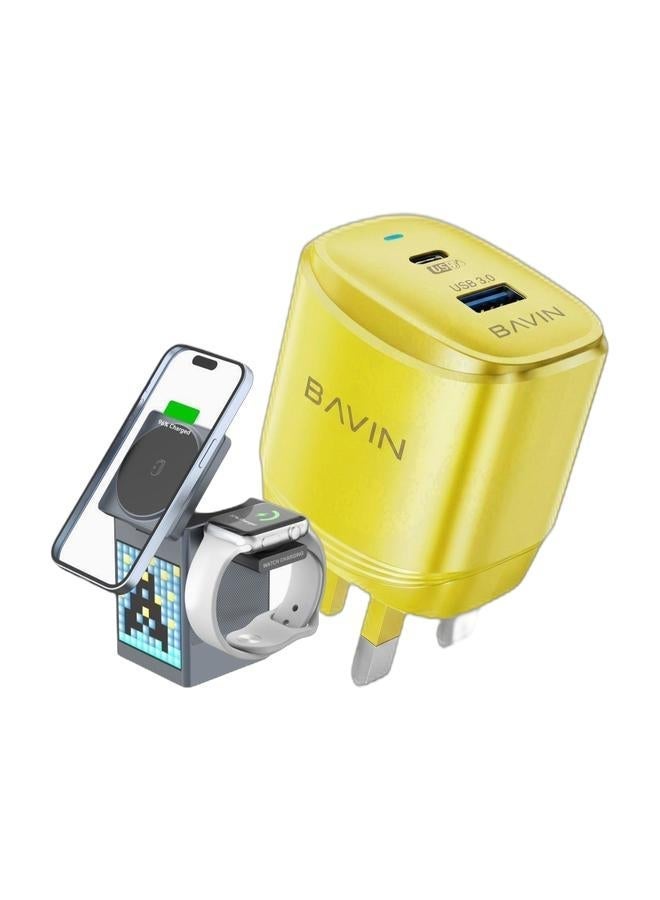 محطة شحن لاسلكية متعددة الوظائف 6 في 1 مع شاشة بكسل رقمية، 15 واط، ومكبر صوت بلوتوث لجميع طرازات آيفون (متوافقة مع MagSafe)، وآيربودز برو، وساعة آبل & حزمة شحن سريعة عالية الجودة من BAVIN PD20W+QC3.0 ملونة - Image 1
